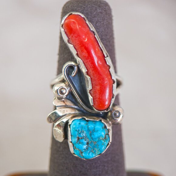 Vintage Sterling Silver Turquoise & Coral Ring – Navajo-Style Split Shank - Picture 1 of 11